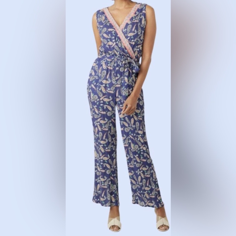 Westport Dressbarn Royal Blue Paisley Kringle Gauze Jumpsuit Womens 12 (978)